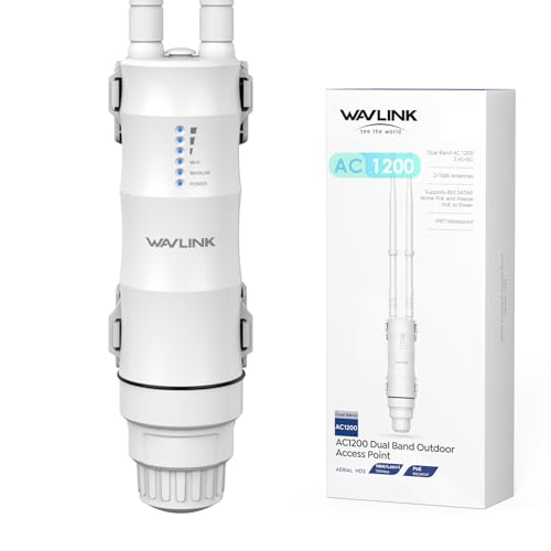 WAVLINK AC1200 Repetidor WiFi Exterior Largo Alcance PoE   Amplificador de Señal Doble Banda 2.4G+5G IP67 Impermeable, Punto de Acceso Outdoor con Antenas Potentes, Ideal para Jardín Piscina Parking