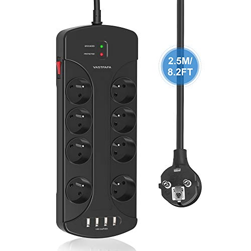VASTFAFA - Regleta de protección contra sobretensión, bloque múltiple con 8 tomas eléctricas y 4 puertos USB (5 V, 2,4 A), interruptor, adaptador de casquillo, cable de 2,5 m, color negro