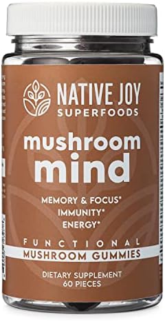Native Joy® Mushroom Mind - Functional Mushroom Gummy - Lions Mane, Cordyceps and Reishi - Immune System Booster & Nootropic Brain Supplement - Natural Energy, Focus Gummies