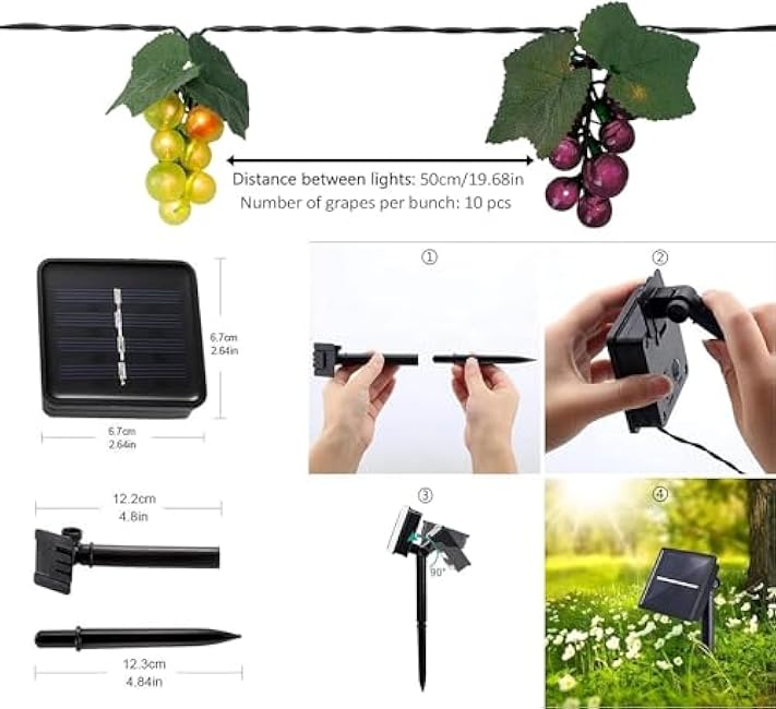 Solar Grape String Light Outdoor Waterproof 80LED Grape Vine Hanging Lighting Simulation Fruit Decoration Small Tavern Garden Sunshade Umbrella Wedding Party Light (Purple+Green)