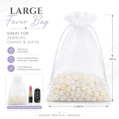Image of Hopttreely 50Pcs White Organza Bags 6x9 Inches, Large Mesh Gift Bags Drawstring, Jewelry Pouches Candy Treat Sachet Mesh Bag Drawstring for Wedding Party Favors Baby Shower and Fruit Protection