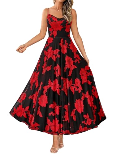 BTFBM Women Summer Floral Maxi Dresses Elegant Spaghetti Strap Dress Printed Party Dress Beach Long Dresses(Floral Black Red Medium)