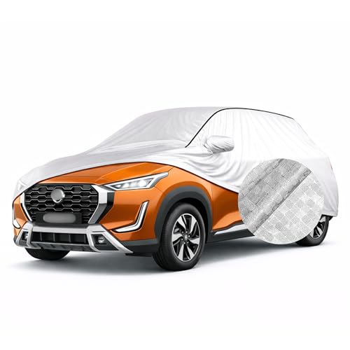 Image of SEAZEN Waterproof Car Cover for Nissan Magnite | Dustproof, UV & Scratch Resistant Soft Cotton Lining | Triple Stitched, Mirror Pockets & Elastic Hem | Metallic Silver with Black Piping