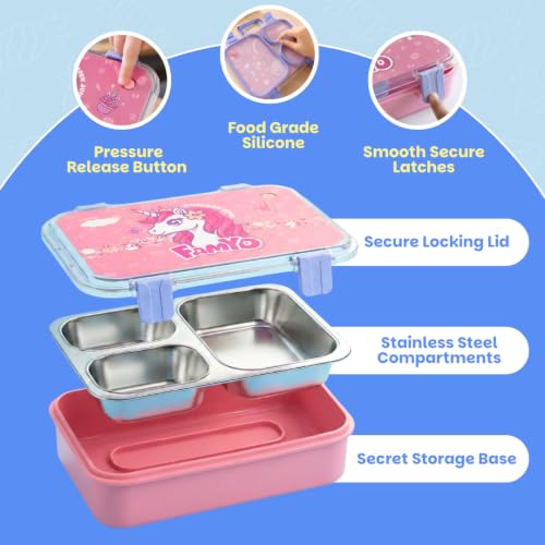 Image of Famyo Bento Lunch Box for Kids, June Unicorn | Leakproof, Stainless Steel, 3 Compartment, 4 Clip Lock & Secret Compartment, BPA Free