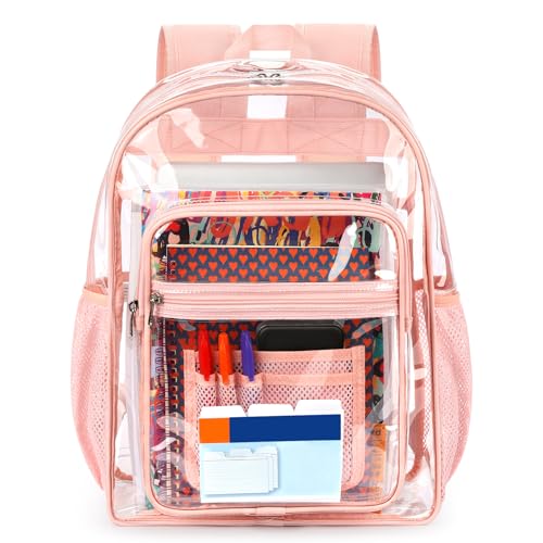 ZORFIN Clear Backpack Heavy Duty for School – 17in Transparent PVC Bag with Large Capacity & Reinforced Straps for Girls, Women - See Through Bookbag for College Workplace Security, Pink