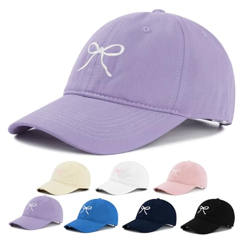 Womens Baseball Hat Trendy Purple Embroidered Bow Hats for Hiking Travel Comfortable Ball Cap for Everyday Wear