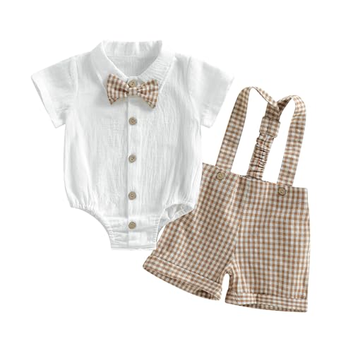 Image of Nibbcoa Baby Boy Clothes Set Infant Bow Tie Button Down Shirt Bodysuit Top Striped/Plaid Shorts 2Pcs Summer Outfit