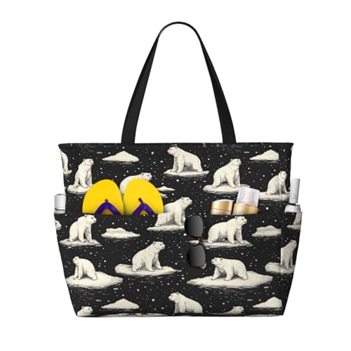 Large Beach Bags for Women Sandproof - White North Pole Bear Black Print Summer Travel Work Tote Bags with Zipper
