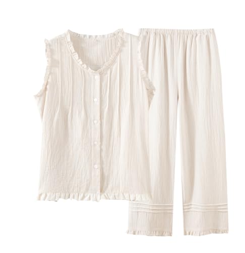 RAKUYUME Schlafanzug Damen Kurz 100% Baumwolle Zweiteiliger Aesthetic Sommer Loungewear Hausanzug Rüschen Weich Ärmelloses Tank Top und 3/4-Hose mit Taschen