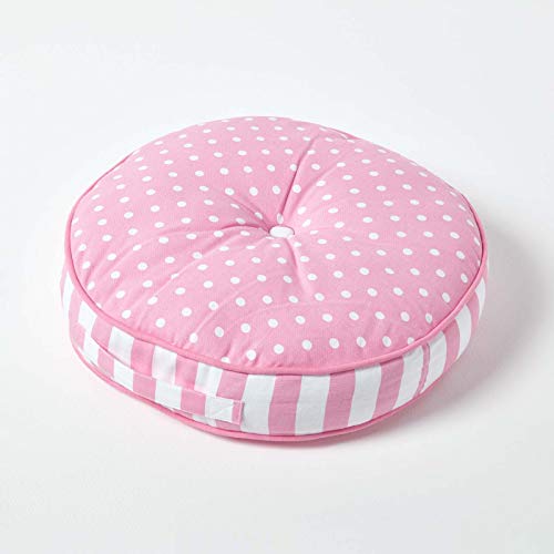 HOMESCAPES Pink Round Floor Cushion Large Decorative Circular Children’s & Garden Seat Pad with Polka Dot Pattern, Pre-Filled 100% Cotton Indoor and Outdoor Cushion, 43cm
