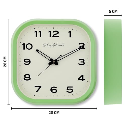 Image of Sehaz Artworks Silent Square Wall Clock for Hall | Green - 28x28 CM | Non Ticking, Designer Wall Clock for Bed Room Silent Sweep, Wall Watch for Living Room Stylish, Clock for Living Room Stylish