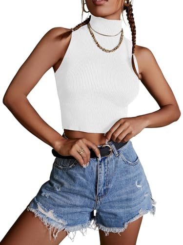 Verdusa Women's Crop Tops Old Money Clothes Sleeveless High Mock Neck Knit Fitted Basic Tank Top