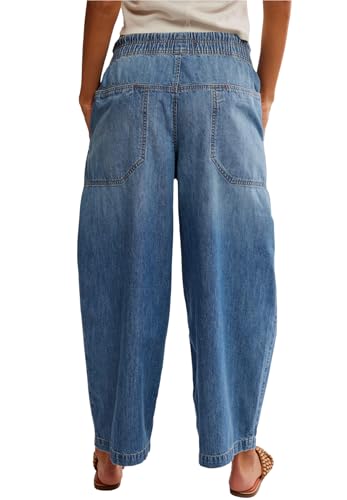 Women Barrel Jeans Casual Wide Leg Baggy Elastic Mid Rise Boyfriend Y2k Loose Denim Pants with Drawstring3