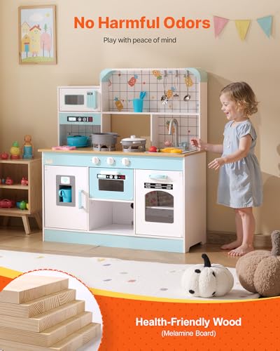 Image of VEVOR Wooden Play Kitchen Toy, Play Kitchen for Kids with Lights and Sounds, Toddler Kitchen with Ice Maker, Oven, Sink, Microwaves, Fridge and Utensil and Fruit Accessory for Toddlers, White