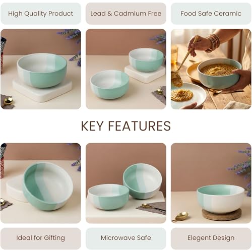 Image of The Earth Store TT Green Large Ceramic Bowl Set of 1, 800 ML | Microwave & Dishwasher Safe Serving Bowl for Mixing | Ideal Use for Salad, Cereal, Noodle, Pasta | Home & Restaurant Use