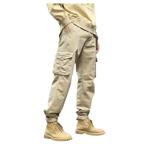Men's Hiking Cargo Pants Joggers Slim Fit Stretch Casual Cotton Work Thick Pants with Pockets Drawstring Waist