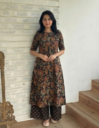 Image of ANNI Designer Women's Rayon Viscose Straight Printed Kurta with Palazzo | Elbow Length Sleeve Kurti Set | Close Neck with Back Slit | Soft Comfortable Fabric | 2 Piece Outfit