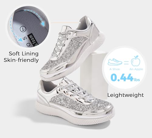 Image of BELOS Women's Glitter Shoes Sparkly Lightweight Metallic Sequins Tennis Shoes Casual Retro Braided Walking Shoes