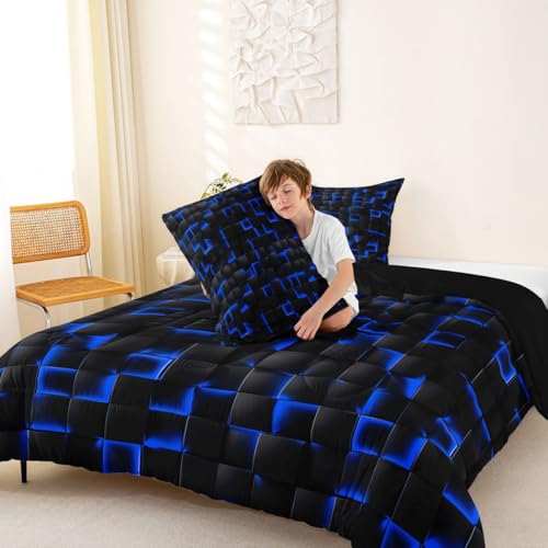 Image of Erosebridal Neon Black Blue Boys Comforter Set Toddler Size Geometric Checkered Kids Bedding Set Teen Men Gaming Room Decor,Abstract Ombre Plaid Comforter Grids Quilt Duvet