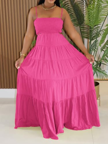 Image of WXN Womens Spaghetti Strap Sundress Casual Summer Long Maxi Dress Smocked A Line Swing Cocktail Party Vacation Dresses
