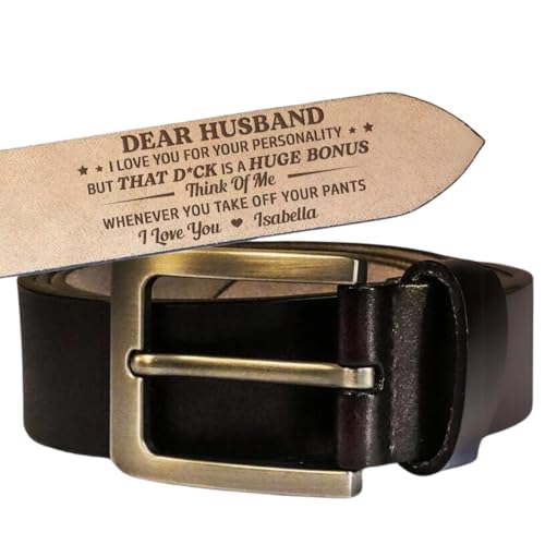 Think Of Me Whenever You Take Off Your Pants - Personalized Engraved Leather Belt for Husband, Boyfriend, Custom Name Wide Leather Belts for Fathers Day Anniversary Birthday