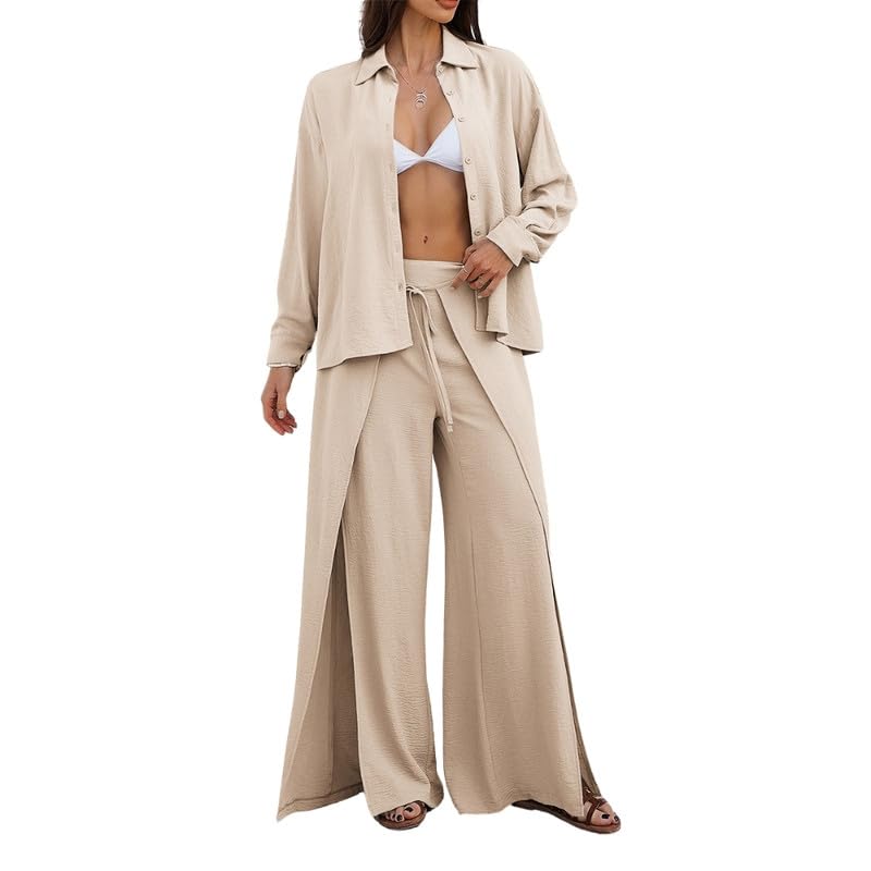 fulaida Solid Color Long Sleeve Button Shirt and Wide-Leg Trousers Women's 2-Piece Set for Spring and Summer Vacation-picture-53