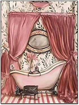 Posters Vintage French Style Shabby Victorian Bathtub Poster Pink Bathroom Art Poster Canvas Wall Art for Living Room Bedroom Office Kitchen Decor 24x32inch(60x80cm) Frame-Style
