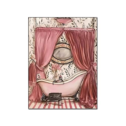 Posters Vintage French Style Shabby Victorian Bathtub Poster Pink Bathroom Art Poster Canvas Wall Art For Living Room Bedroom Office Kitchen Decor 24X32Inch(60X80Cm) Frame-Style #TOP5