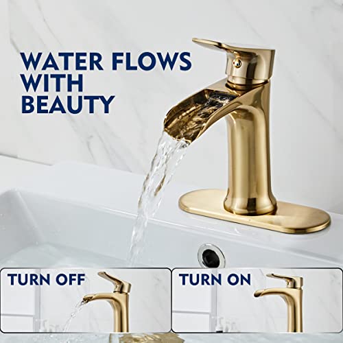Brushed Gold Bathroom Faucet,Yundoom Waterfall Bathroom Faucet Brushed Gold,Pop Up Drain Bathroom Sink Faucet,Single Handle Bathroom Faucets,Faucet For Bathroom Sink,Vanity Farmhouse Bathroom Faucet #TOP3