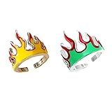 通用 2Pcs Fire Flame Finger Rings Set,Creative Fire Open Rings for Couple,Fire Crown Joint Finger Band Rings Vintage Punk Gothic Fire Ring for Women Men (Yellow Green 2Pcs)