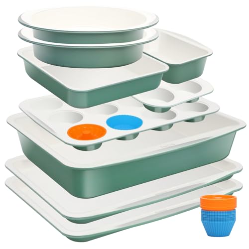 Ymiton Ceramic Nonstick Baking Pans Set, Non Toxic 33 PCS Stackable Bakeware Sets, 550°F Oven Safe Baking Sheet & Pans, Warp-Free, Dishwasher Safe, PTFE/PFOA/PFOS-Free (Green)
