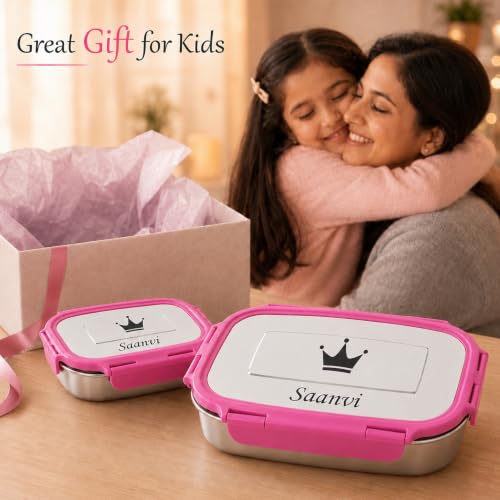 Image of SAVRI Personalized Stainless Steel Big Lunch Box with Small Container with Your Child Name and Favourite Character Engraved for Kids Students Birthdays Return Gift Four Lock Tiffin Box (Pink)