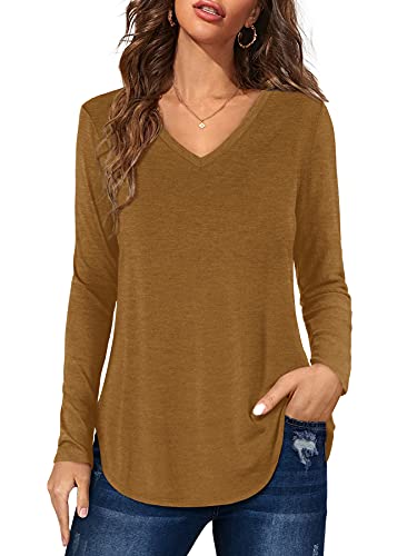 Florboom Damen Tshirt V Ausschnitt Longshirt Langarm Oberteile Loose Shirt Einfarbige Tops Braun M