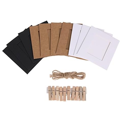 AKOAK 30Pcs DIY Kraft Paper Cardboard Photo Frame with Wooden Clips and String,White/Black/Brown Three Colors and Each Color 10 Pcs,Great for Home Decor (2" x 3") Cover