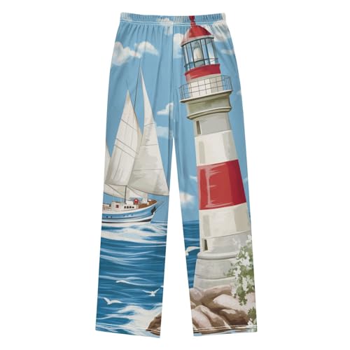 ZZXXB Sailboat Lighthouse Oil Painting Boys Long Pants Soft Trousers Elastic Waist Kids Lounge Bottoms with Pockets S-XL2