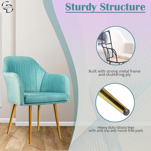 Image of Velvet Accent Chair | Luxury Upholstered Armchair with Sturdy Metal Legs | Modern Comfortable Chair for Living Room, Bedroom, Office, or Cafe (Golden Legs, Sky Blue)