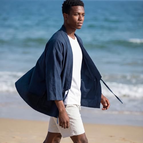Image of Haseil Men's Kimono Cardigan Japanese Jackets Casual Cotton 3 /4 Sleeve Shirt Open Front Coat Lightweight Linen Outwear