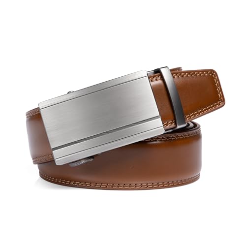 Image of Drowsmen Leather ratchet belt 1 3 /8 inch with Click Sliding Automatic Buckle, Adjustable belt Trim to Fit