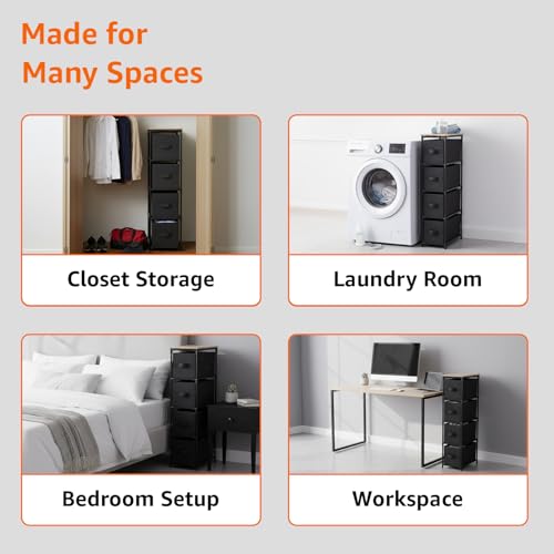 Image of Amazon Basics Slim Fabric Chest of 4 Drawers, Iron Frame & MDF Top - Compact Storage Dresser for Clothes, Bedroom, Closet & Small Spaces - Black (30L x 47W x 90H CM)