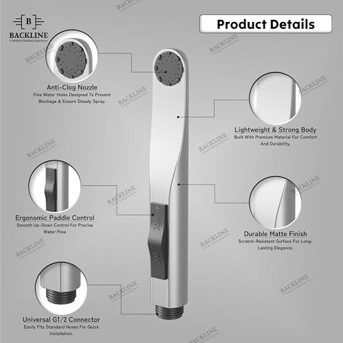 Image of Backline Water Saving Jet Spray for Toilet | Health Faucet for Toilets | ABS Hand Gun with Hose Pipe 1.2 Meter and Wall Hook /Holder | Bathroom Bidet Spray (Brushed - Full Set (Gun + Hose + Hook))