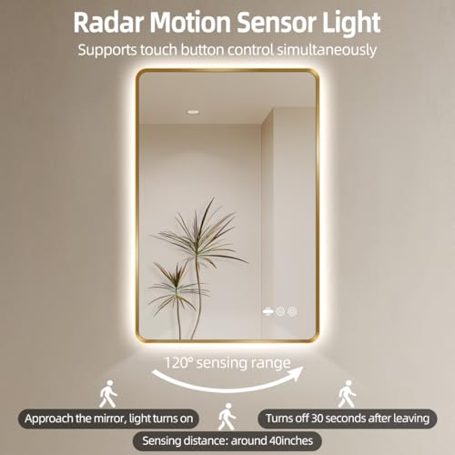 nolsia 24" x 32" Gold LED Bathroom Mirror with Lights, Motion Sensor, Anti-Fog, Smart Mirror Bathroom, Stepless Dimmable & 3 Color Temperatures, UL-Listed LED Backlit Mirror, CRI≥93 by nolsia - Image 6