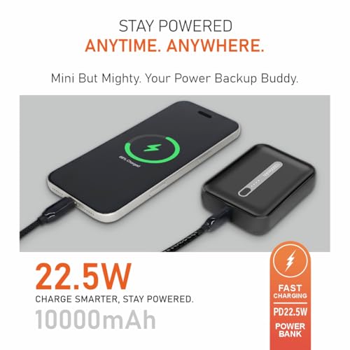 Image of Muvtech Zip 10 Pocket Size 10000mAh Mini Power Bank, 22.5W Fast Charging, Dual Output USB-A & Type-C Ports, Compact Pocket Size, LED Indicators, Travel Friendly, Portable (Black)
