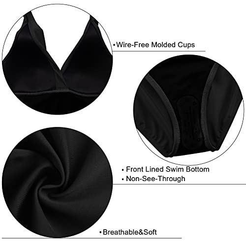 Hilor V Neck One Piece Swimsuit For Women Halter Backless Ruched Tummy Control Bathing Suit Sexy Slimming Swimwear Black 12 #TOP6