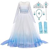 New front Niña Disfraz Princesa Elsa con Capa Vestido de Frozen Reina 2 Costume Manga Larga Traje Parte de Fiesta Cumpleaños Navidad Halloween Cosplay Fancy Dress con Accesorios,Blanco,120