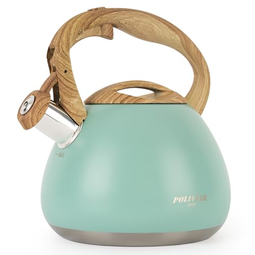 Image of POLIVIAR Tea Kettle, 2.7 Quart Blue Finish with Wood Pattern Handle Loud Whistle Food Grade Stainless Steel Teapot, Anti-Hot Handle and Anti-Rust, Suitable for All Heat Sources JX2025-TB30