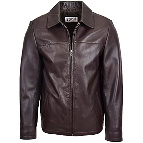 Mens Real Leather Harrington Jacket Classic Zip Box Style James (L, Brown) Cover