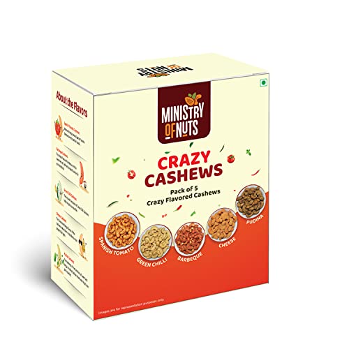Image of Ministry of Nuts Premium Kaju Pack OF 5 Crazy Cashews Mini I Spanish tomato, Green Chili, Barbeque, Cheese and Pudhina 50g each I Total 250g
