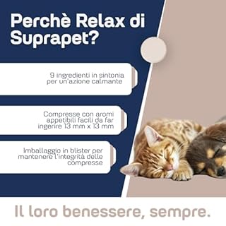 Suprapet Relax Calmante per Cani e Gatti 30 compresse - Rilassante Naturale Contro Stress e Paura con L-Triptofano, Vitamine B, Valeriana, Passiflora, Biancospino, Zenzero