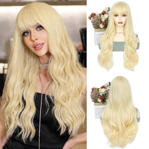 AISI QUEENS Long Blonde Wig with Bangs, 26 Inch, Natural Looking, Middle Part Curly Wavy, Heat Resistant Synthetic Wig for Daily Party Use