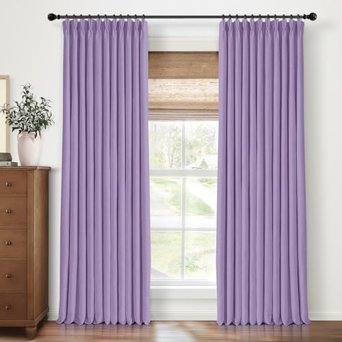 Pinch Pleated Blackout Curtains 90 Inch Long, Linen Blend, 100% Blackout Drapes with 20 Hooks, Ideal for Bedroom and Living Room, 40" W x 90" L (Pack of 2), Lavender Purple